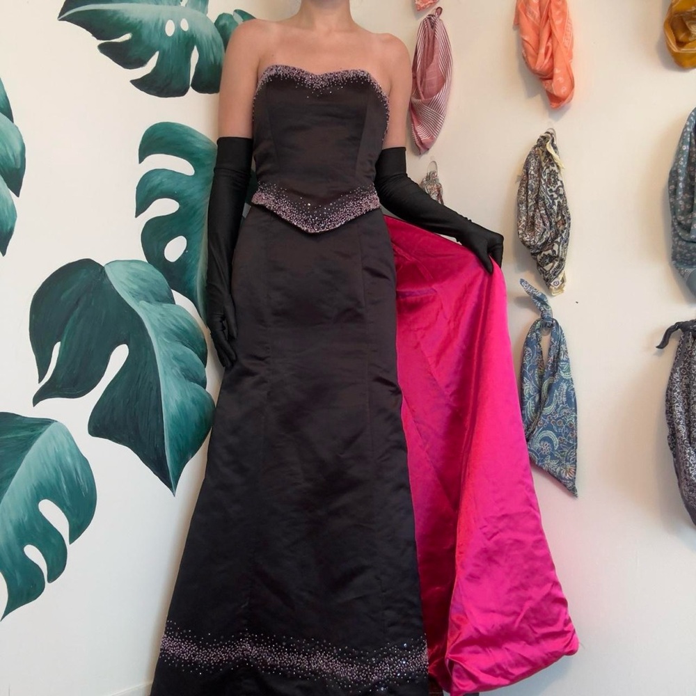 Mystique Black and Pink Strapless Corset Prom Dress